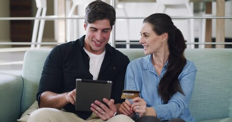 Happy couple, tablet and credit card for internet, e commerce or digital banking in home. Man, woman and satisfied with service, mobile app and website for online purchase, payment and connection