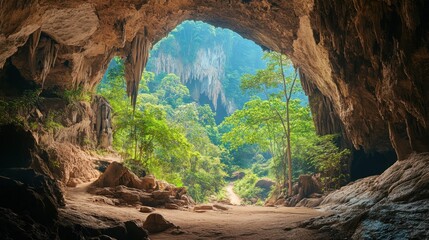 Obraz premium Cave Entrance with Lush Greenery