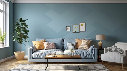 Modern Living Room with Blue Sofa and Geometric Wall Decor