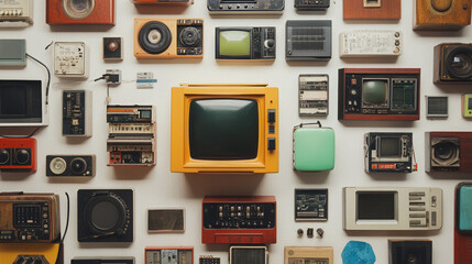Vintage electronics on white background 8k quality detailed systems television gadgets