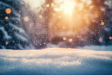 Naklejka premium A serene winter scene with falling snow and a soft glow from the sun.