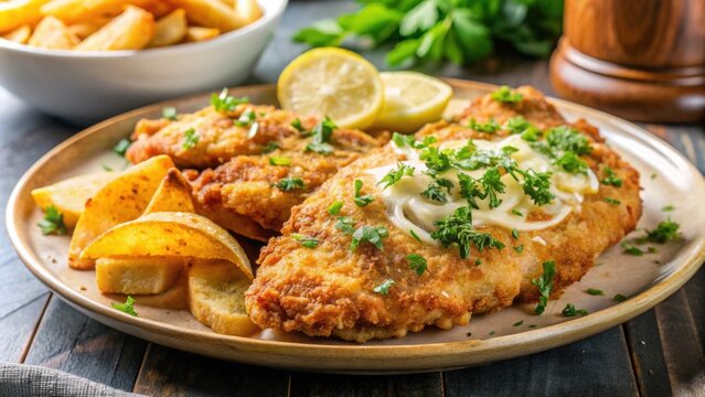 Close-up of delicious parmegiana chicken with crispy potato chips, food, meal, plate, chicken, parmegiana