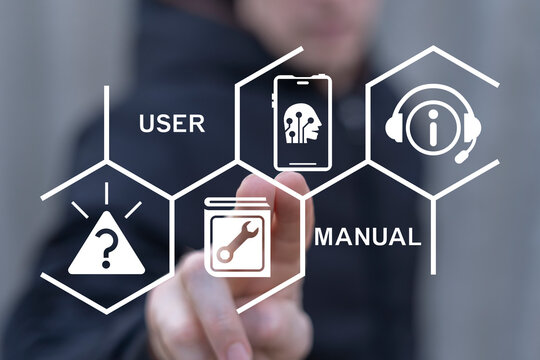 Man working on virtual touch screen sees inscription: USER MANUAL. User manual guide book. Online instructions and technical support.
