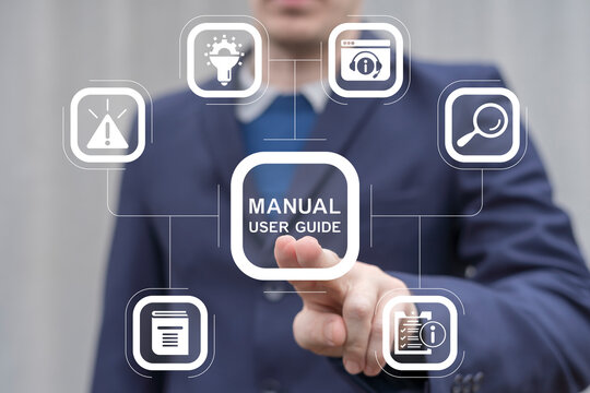 Man working on virtual touch screen presses inscription: MANUAL USER GUIDE. User manual guide book. Online instructions.