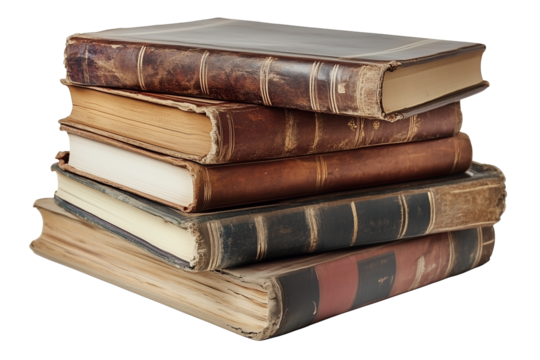 A large stack of vintage hardcover books with worn covers, various textures, and colors isolated on white background.