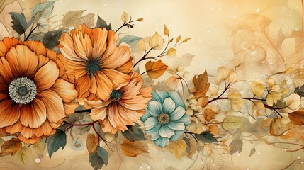 Watercolor Painting of Orange and Blue Flowers with Brown Leaves