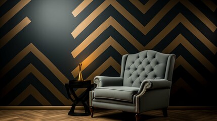 Grey Armchair with Gold Accents in a Room with a Chevron Wall