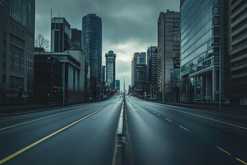 Obraz premium A deserted urban street lined with modern skyscrapers under a cloudy sky.