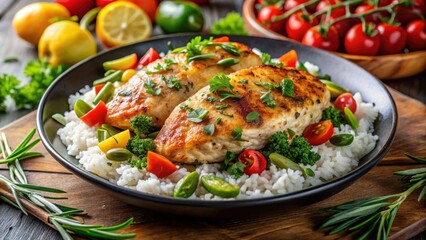 Savory chicken and fluffy rice with vibrant vegetables and fresh herbs , chicken, rice, vegetables, fresh, savory, delicious, meal