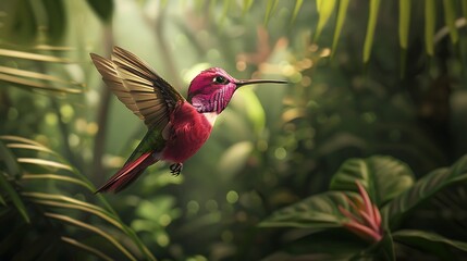 A vibrant pink hummingbird in flight within a wooded tropical environment, showcasing its natural habitat