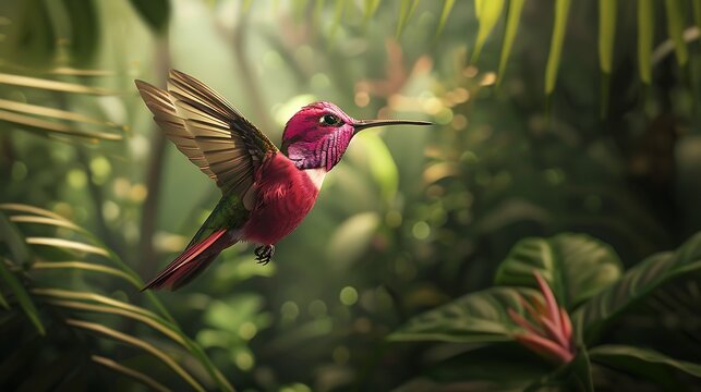 A vibrant pink hummingbird in flight within a wooded tropical environment, showcasing its natural habitat