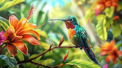 Beautiful hummingbird depicted in a tropical garden setting, generated with AI to highlight vivid details