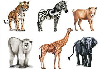 Naklejka premium A collection of six illustrated animals including a tiger, zebra, lion, polar bear, giraffe, and elephant.