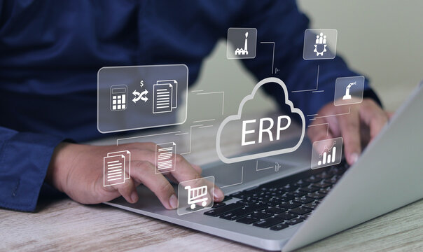 ERP, Enterprise Resource Planning concept. Connecting data with cloud computing to access to HR management. Business resources plan to manage company enterprise resource.