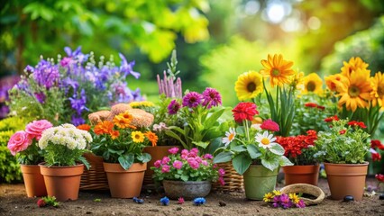 A variety of colorful flowers ready for planting in a garden, flowers, colorful, planting, garden, nature, bloom, growth