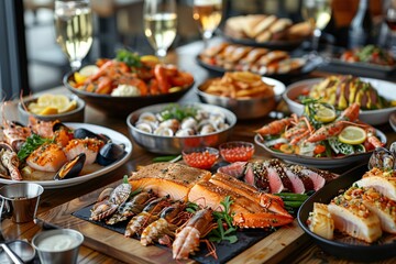 Fototapeta premium bountiful seafood feast, featuring a variety of fish, shellfish, and seafood platters
