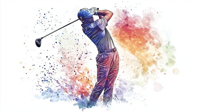 A vibrant watercolor illustration of a golfer in mid-swing, capturing the dynamic motion and energy of the sport.