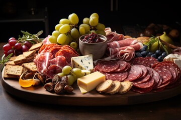 elegant charcuterie board with a variety of cured meats, cheeses, olives, and crackers