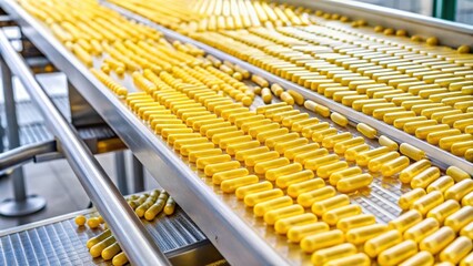 Yellow capsules on a conveyor belt in a dietary supplement factory