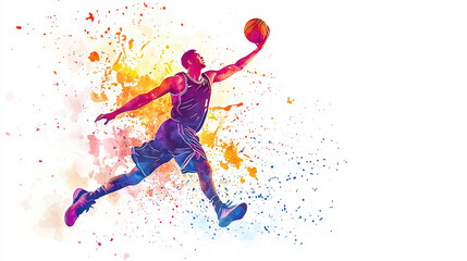 Dynamic basketball player making an impressive dunk, depicted in vibrant colors and an artistic style, capturing the energy of the sport.