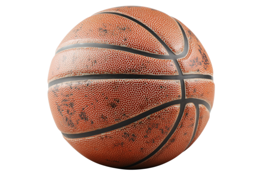 Close-up of an old, weathered basketball showing visible wear and tear, including scuff marks and fading