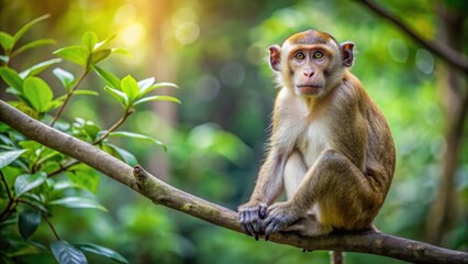 Obraz premium Macaque fascicularis sitting on a tree branch in its natural habitat, wildlife, tropical, primate, long-tailed, macaque, monkey