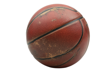 Close-up of an old, weathered basketball showing visible wear and tear, including scuff marks and fading