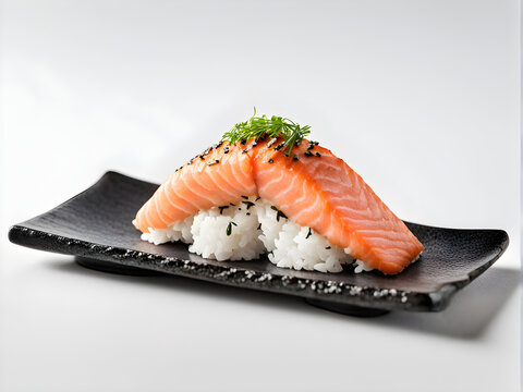 Baked salmon sushi isolated on white background. Simple sushi with fresh salmon fillet in minimal style. Japanese food - susi with burnt salmon and rice. Nigiri sushi with fish