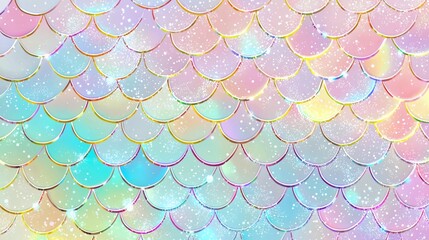 Rainbow scales background with kawaii mermaid princess pattern. Fish tail banner with magic sparkles and stars. Sea fantasy invitation for girlie party. Nice pearlescent backdrop with rainbow scales