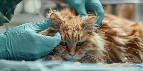 Close-up of a veterinarian's gloved hands examining a cat suffering from hair loss and dry, crusty sores due to a fungal infection.