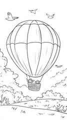 Fototapeta premium Children can color a vibrant hot air balloon gliding peacefully above trees and birds in this fun kindergarten activity