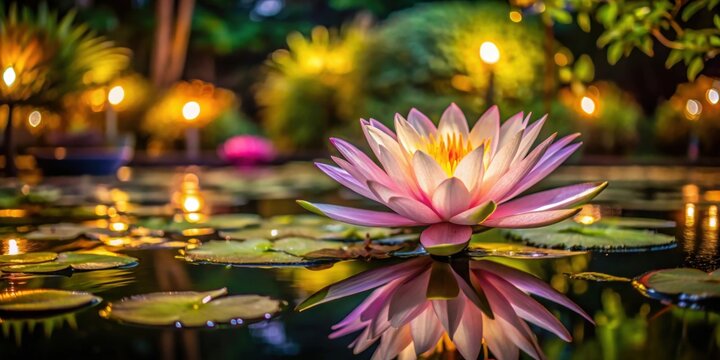 Blooming nymphaea pubescens in a garden at night, water lily, hairy water lily, pink water-lily, blooming, garden