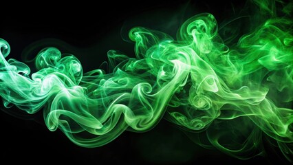 Abstract green smoke swirls on a dark background, conveying elegance and fluidity, green, smoke, abstract, swirls, black