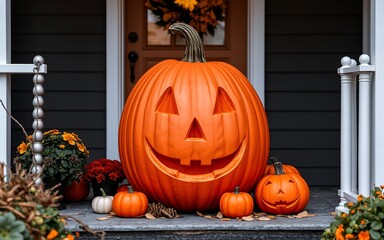 Obraz premium A large orange jack-o-lantern smiles on a porch, welcoming Halloween fun and spooky festivities. 