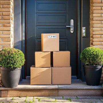 livraison de colis pos&eacute; sur le pas de porte d'une maison en ext&eacute;rieur image ia