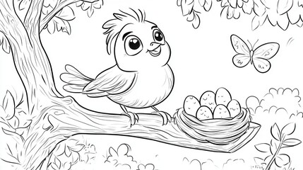 Fototapeta premium A cheerful bird stands on a branch with a nest of eggs, enjoying a sunny day in a vibrant nature scene, ideal for children's creativity