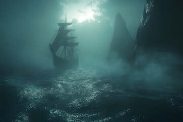 Obraz premium Sailing the Pirate Ship Through the Fog