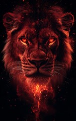 Naklejka premium A fiery red lion with glowing eyes stares intensely at the viewer, flames emanating from its chest.