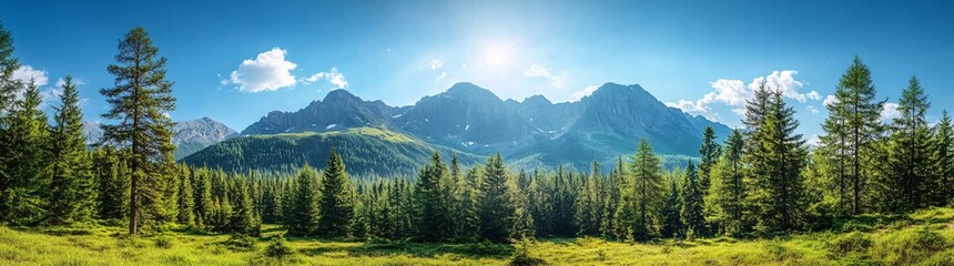 Fototapeta premium Breathtaking panoramic view of misty mountain ranges with green fields in the foreground under a clear blue sky. 