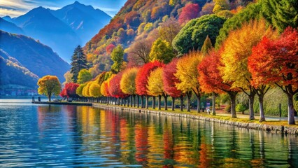 Colorful and curiously shaped autumn trees lining the tranquil shore of Lugano lake in Switzerland, autumn