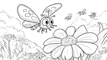 Obraz premium A cheerful butterfly flies over a large flower while bees buzz nearby in a colorful kindergarten coloring page for young artists