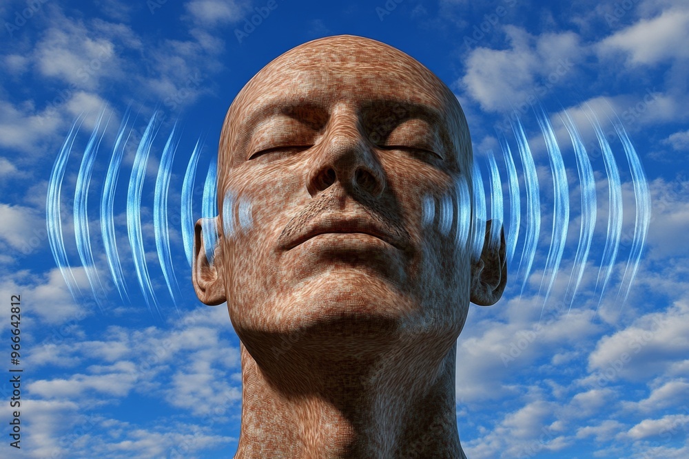 Poster neuroethics cognitive load and neuroimaging head tilted towards the sky with circular sound waves vi