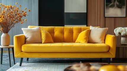 Stylish interior of living room at fancy home with design sofa