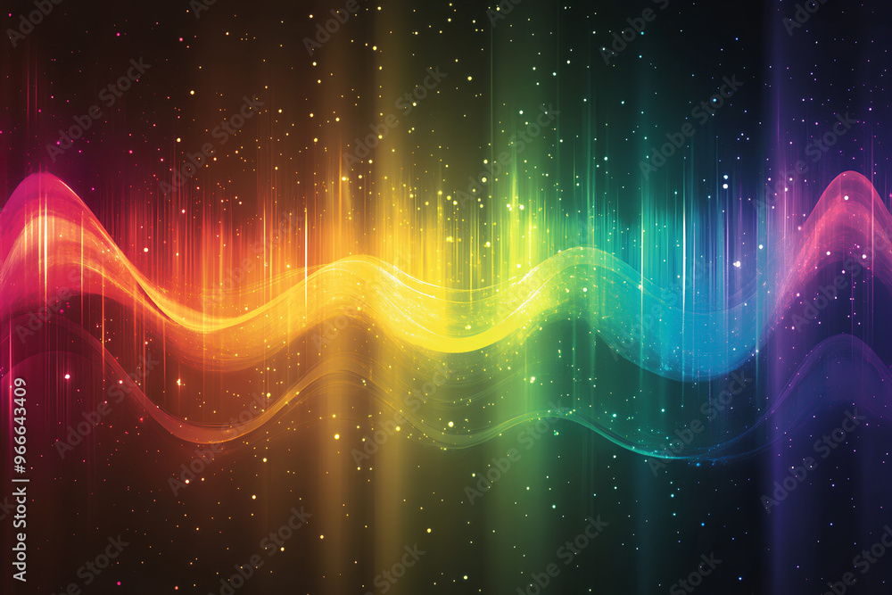 Poster a vibrant abstract representation of sound waves in a spectrum of colors.