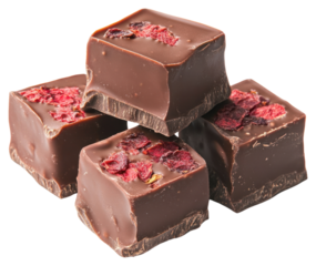 Three chocolate fudge cubes stacked dessert food.