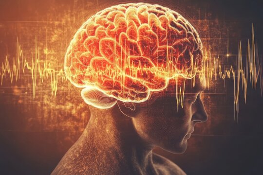 Connectome neural correlates and bioelectricity profile of brain with glowing energy and waveforms visualizing cognitive processing and mental focus