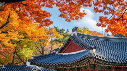 Fototapeta premium Autumnal Roof of a Korean Temple