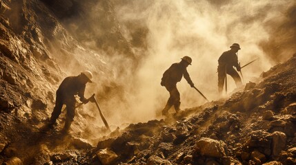 Miners working in dusty and baking hot