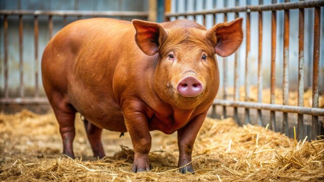 Red Duroc pig breed in a farm pen , Duroc, pigs, livestock, agriculture, farming, animal husbandry, red