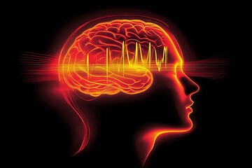 Artificial neuron neuroimaging and brainwave synchronization profile of woman with glowing neural waves representing cognitive activity and thought power